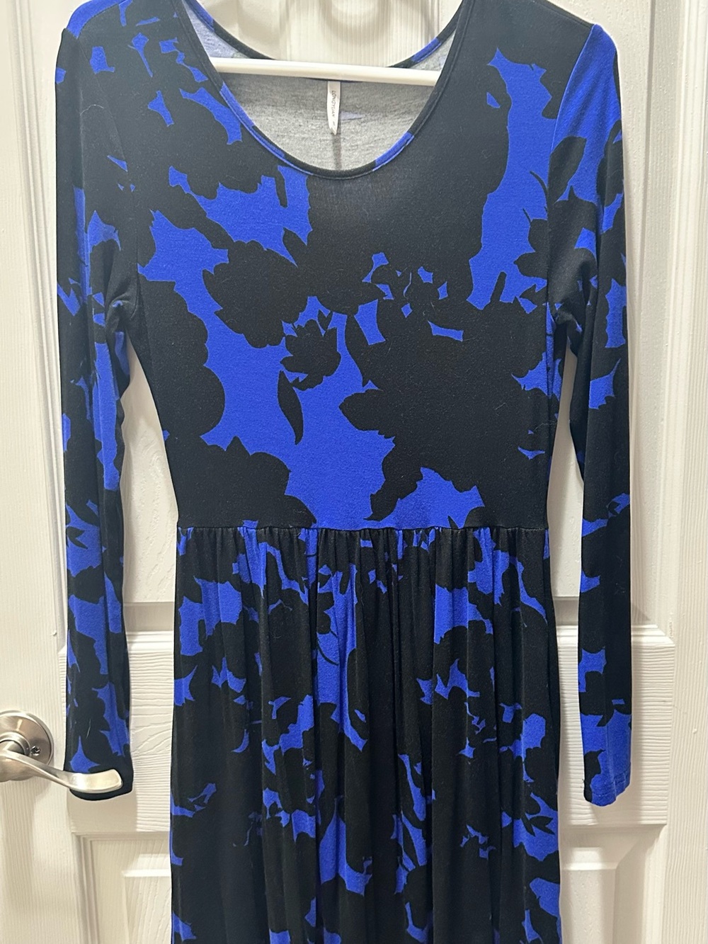 Long-Sleeve Black and Royal Blue Floral Midi Dress